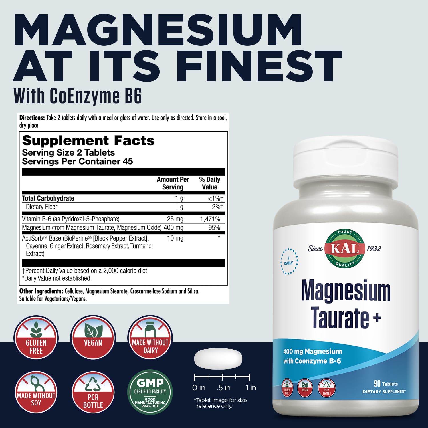 KAL Magnesium Taurate 400mg Plus CoEnzyme Vitamin B6, Chelated Magnesium Supplement, Healthy Muscle Function, Nerve and Heart Health Support, Gluten Free, Vegan, 60-Day Guarantee, 45 Serv, 90 Tablets