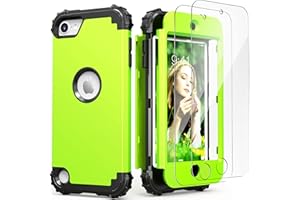 IDweel for iPod Touch 7th Generation Case with 2 Screen Protectors, Hybrid 3 in 1 Shockproof Slim Heavy Duty Hard PC Cover Soft Silicone Bumper Full Body Case for iPod Touch 5/6/7th Gen,Grass Green