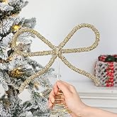 Retisee 9.8″ Christmas Bow Tree Topper Gold Rhinestone Bow LED Tree Topper Christmas Decorations Decor for Xmas Holiday Wedding Birthday Party Gift