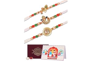 IndoTribe, Rakhi For Brother with Gift Set - Set of 3, Rakhi For Brother with Card, Roli Chawal | Rakhi for Brother and Bhabhi | Lumba Rakhi For Brother | Bhaiya Bhabhi Rakhi | Raksha Bandhan Rakhi