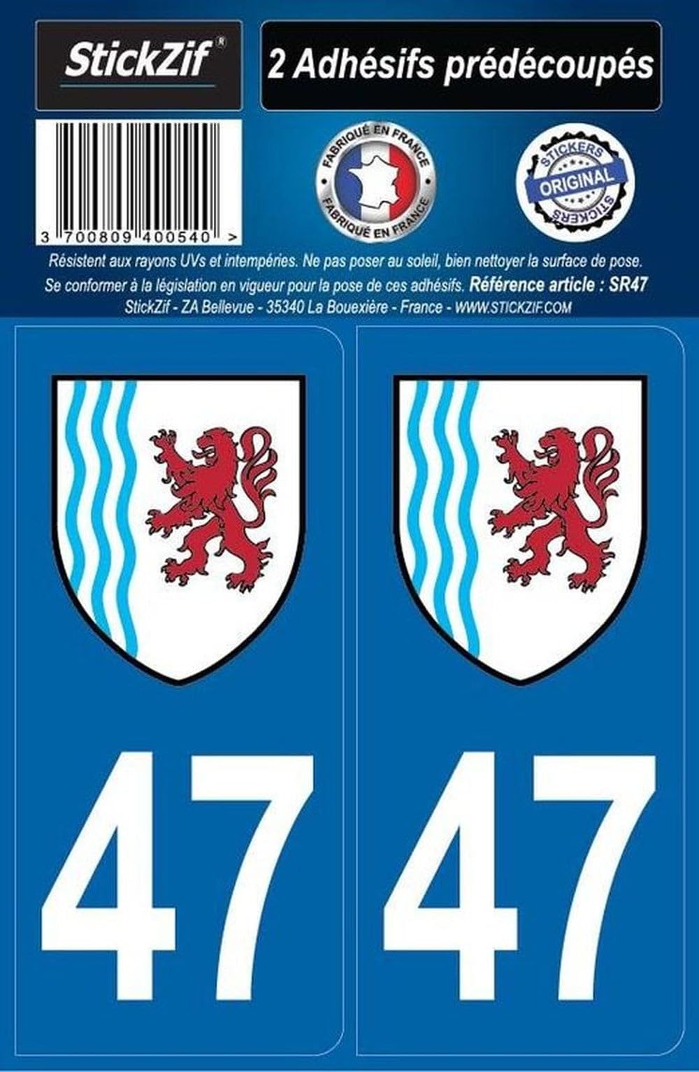 STICKZIF SR47 2 Adhesive Stickers Department 47 nouvelle-aquitaine region, Set of 2