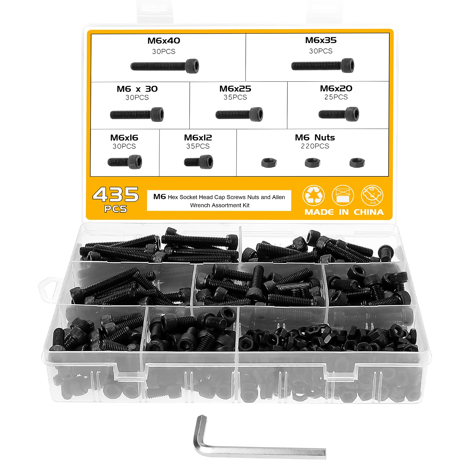 Faankiton 435-Piece M6 Hex Socket Head Cap Button Screws, Nuts & Bolts Set, Carbon Steel, Flat Head, For Home & Office Appliances, Communication Equipment, Ship Assembly, Machinery Industry