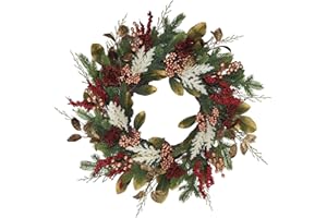 BINFEN 20" Gold Red Berries Christmas Wreaths for Front Door, Metallic Finish Eucalyptus Leaves Winter Xmas Wreath Outdoor Holiday Decoration, Door Wreath Decor for Farmhouse Front Porch Wall Window
