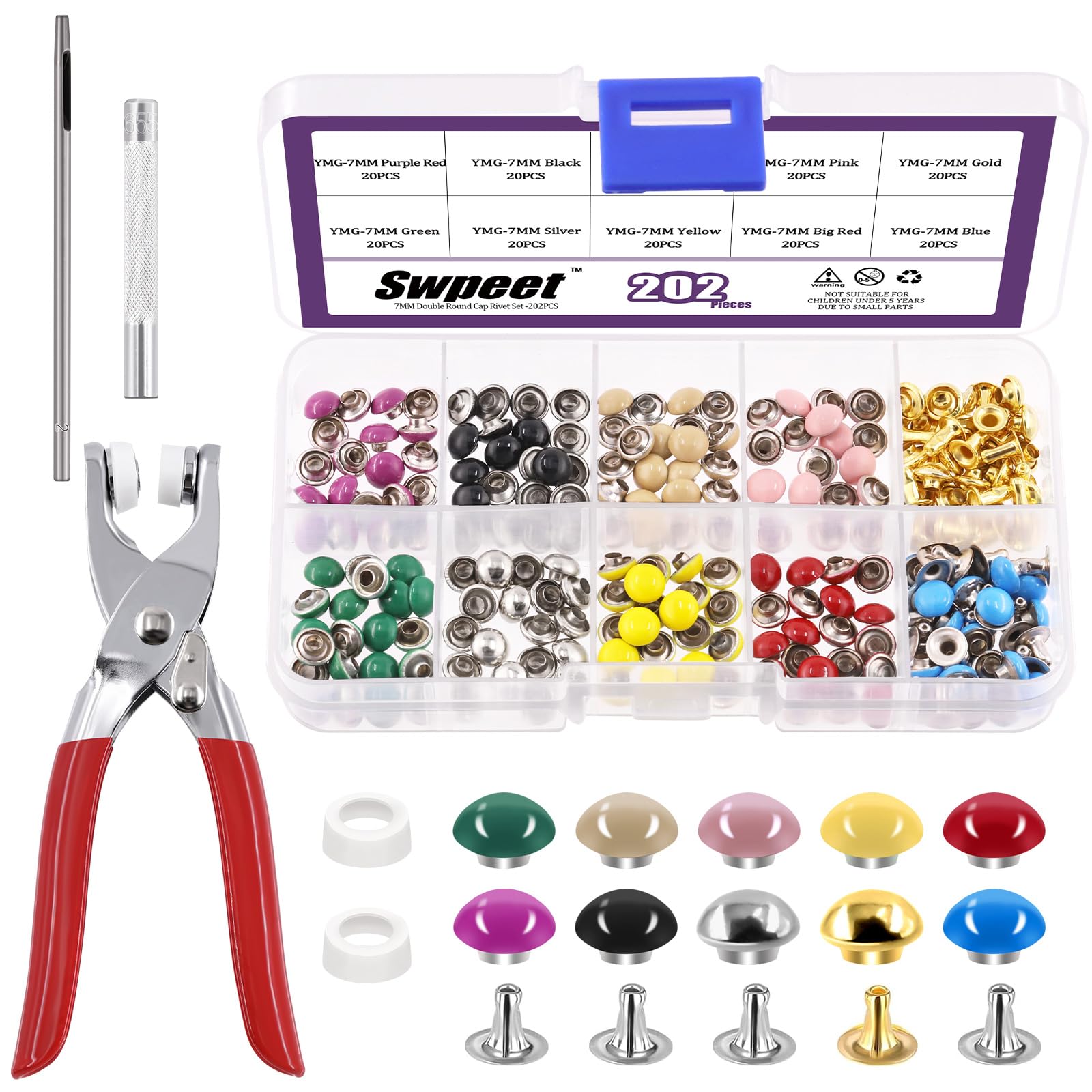 Swpeet 405Pcs 10 Colors 7mm Double Round Cap Leather Rivets with Fixing Tools, Double Cap Rivet Metal Studs, Leather Rivets Craft Belt Ideal for DIY Craft Leather Craft Repairs Decoration