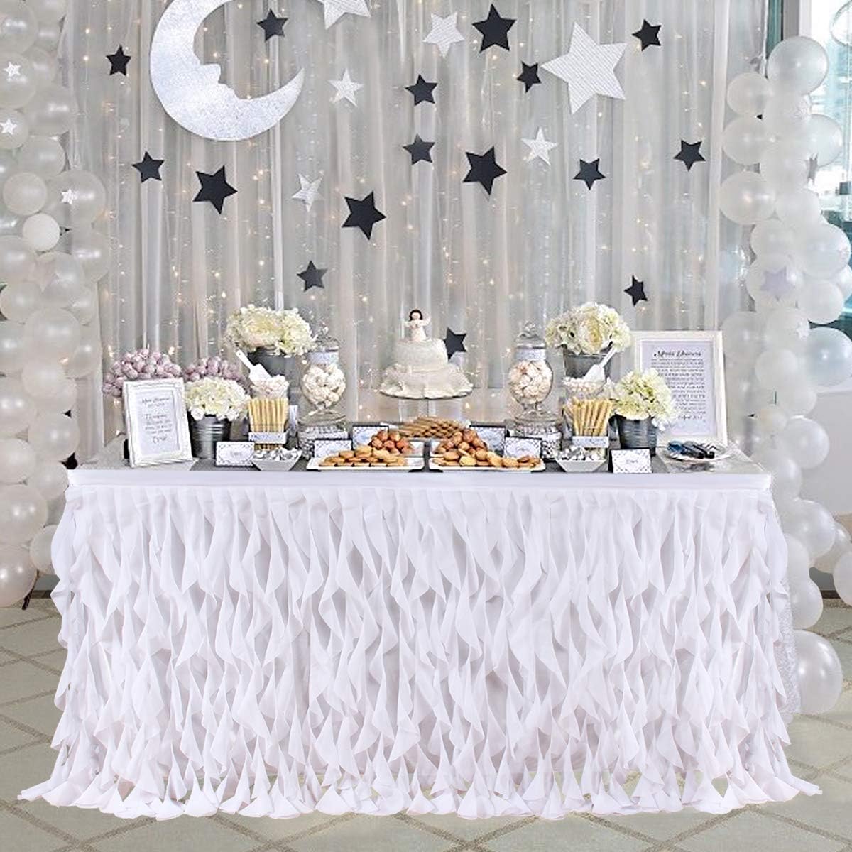 6ft Curly Willow White Table Skirting Lace Taffeta Table Skirt Tutu Tulle Table Skirt for Round or Rectangle Table for Birthday, Wedding, Party Decoration Supplies: Kitchen & Dining