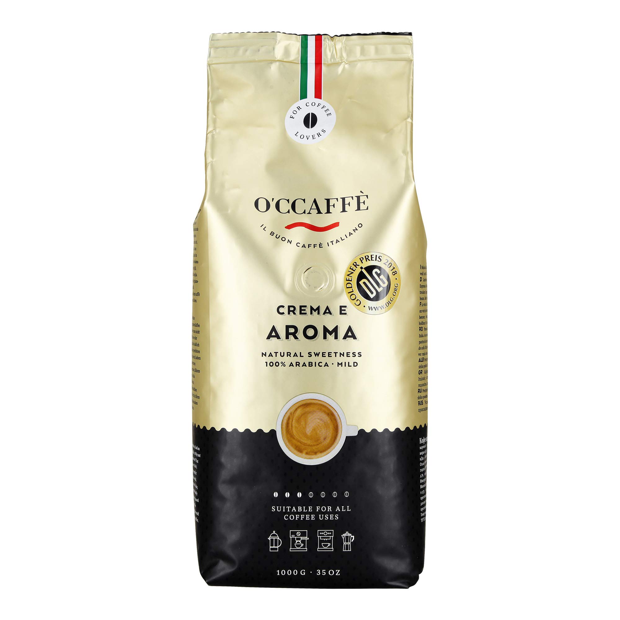 O\'ccaffe Caffè 100% Arabica | torrefazione extra delicata | dall\'azienda di famiglia italiana | carattere adorabile e complesso da 3 varietà di fagioli | 1kg chicchi di caffè