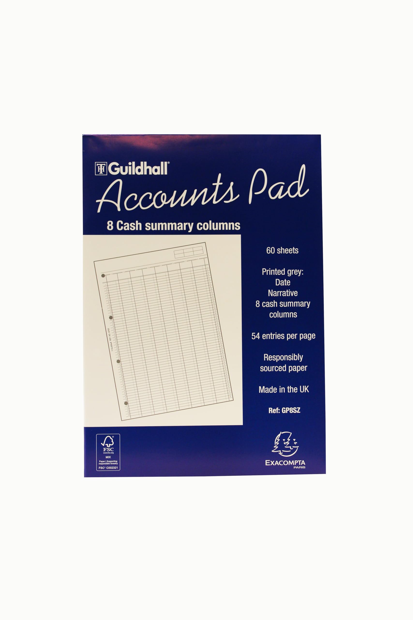 Exacompta 'Guildhall' Accounts Pad, A4, 60 sheets, 8 Cash Summary Columns, White