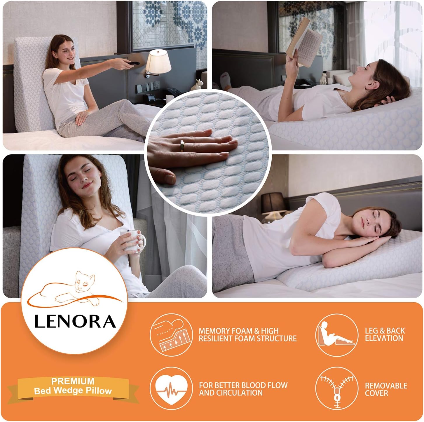 Lenora Bed Wedge Pillow with 1.5 Inch Memory Foam Top, (24 x 28 x 7.5 Inches), Removable and Washable Cover, Perfect for Sleeping or Reading, Leg Elevation, Back Support, 7.5 Inch Wedge: Health & Personal Care