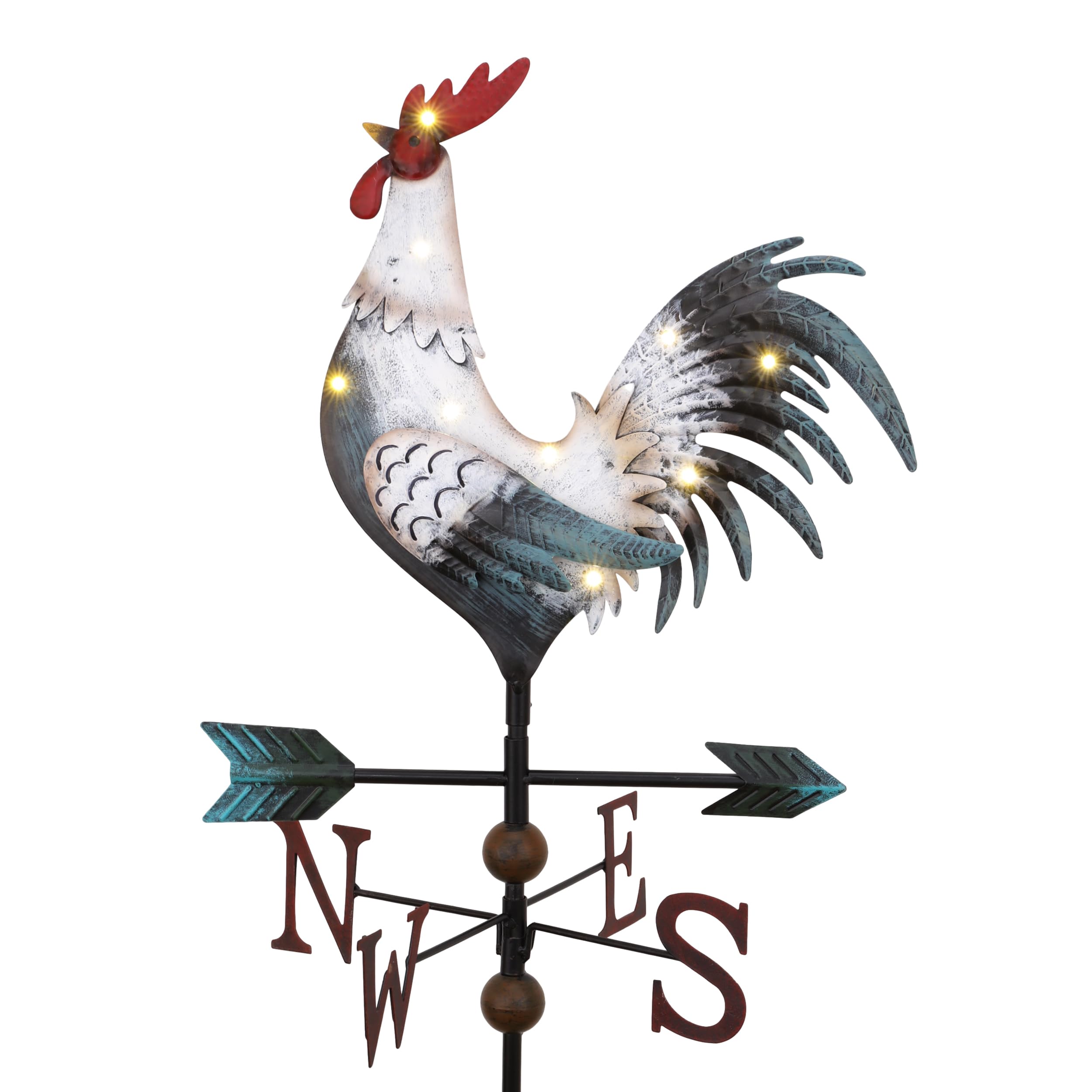 TERESA'S COLLECTIONS Garden Ornaments Outdoor, 86cm Metal Rooster Garden Statue, Weather Vane with Solar Light, Waterproof Sculpture Decoration for lawn,Yard & Eave, Gifts for Women, White