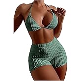 COZYEASE Women's 2 Piece Swimsuits Halter Triangle Top with High Waisted Shorts Bathing Suits Bikini Sets