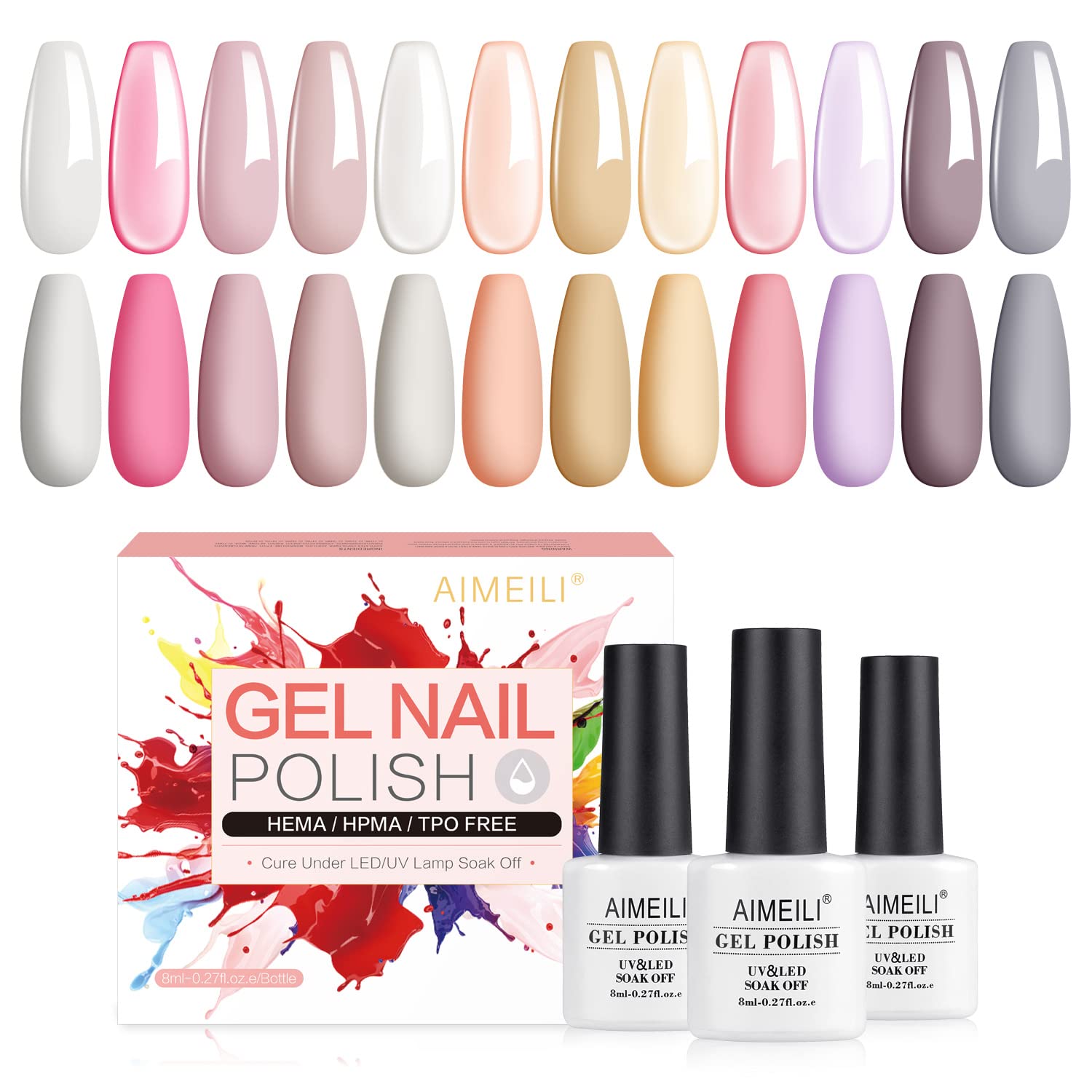 AIMEILI Gel Nail Polish Set, 8ml 12 Colours Jelly Milky White Sheer Pink Nude Soak Off UV LED Gel Nail Polishes Nail Art Gel Polish Gift Kit 3