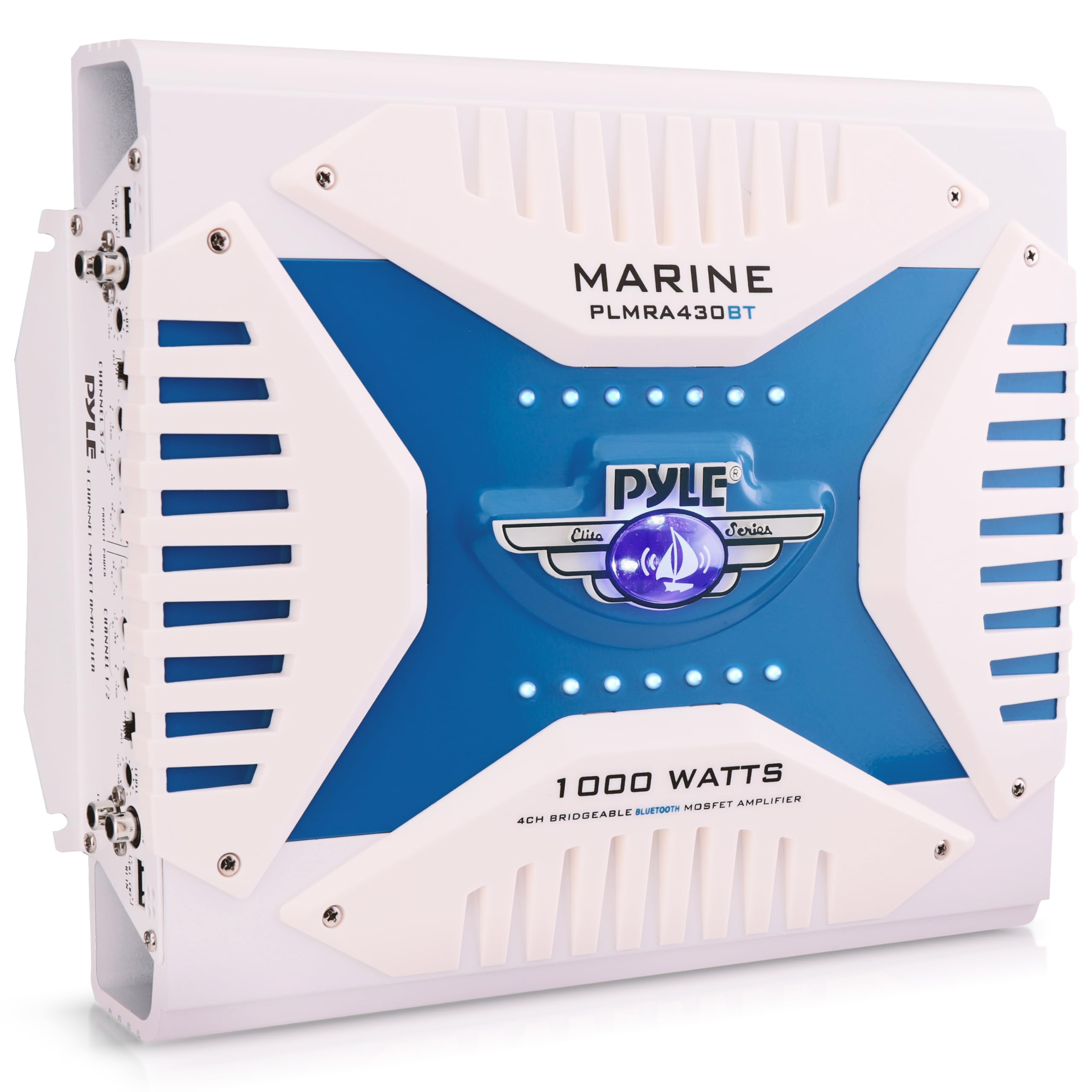 Receptor amplificador marino Bluetooth 2.1 - Amplificador de audio puenteable inalámbrico de 4 canales impermeable para altavoz estéreo con fuente MOSFET dual de 1000 vatios de potencia, nivel de ganancia e indicador LED - Pyle PLMRA430BT