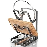 ALLVANA Heavy-Duty Pot Lid Organizer Rack with Removable Drip Tray – 2-in-1 Kitchen Storage for Lids & Utensils, Sturdy Countertop Lid Holder for Stove Top, Gray
