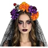 Kokoma Day of the Dead Skull Flower Crown Headband Black Veil | Skull Accent, Gothic Style, Halloween Costume, Marigold Flowers, Bridal Veil Included, Halloween Dress Up