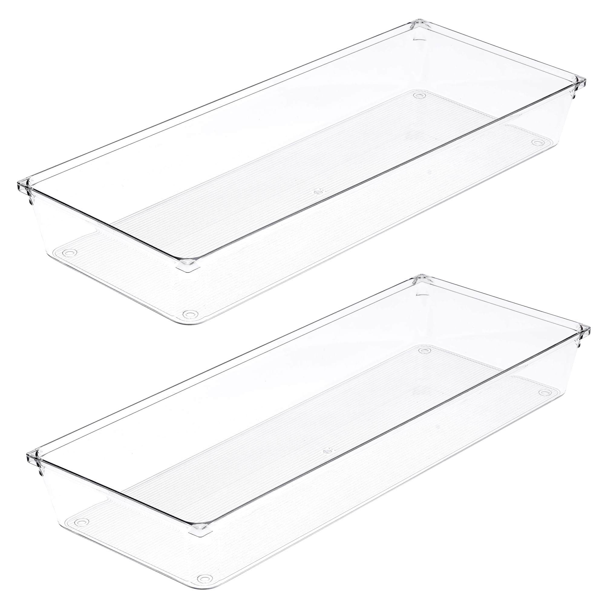 Amtido Large Drawer Organisers 2-Pack - Sturdy Clear Plastic Storage - Versatile Storage for Kitchen Cutlery, Bathroom, Utensils, Makeup, Office, and Desk Accessories (15.2cm x 38.1cm x 5.1cm)