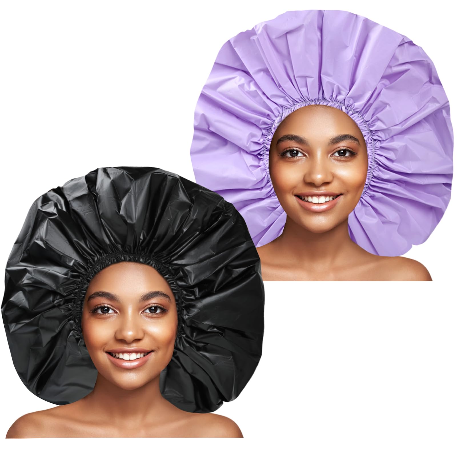 Photo 1 of Jumbo Size Shower Cap 2 PCS Waterproof Shower Caps for Women, Extra Large Shower Cap, Reusable Super Large Bath Caps Hair Cap for Long Thick Curly Hair, Locs, Twist Braids - Black + Purple