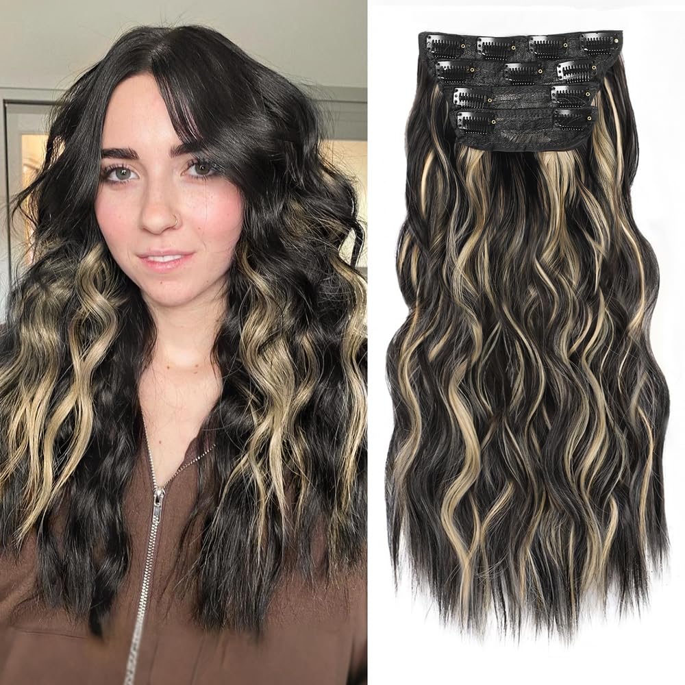Photo 1 of ALXNAN Clip in Hair Extensions for Women, Black Mix Blonde Long Wavy Hair Extensions Clip Ins 4PCS 16 Inch Synthetic Soft and Natural Thick Hair Pieces for Women