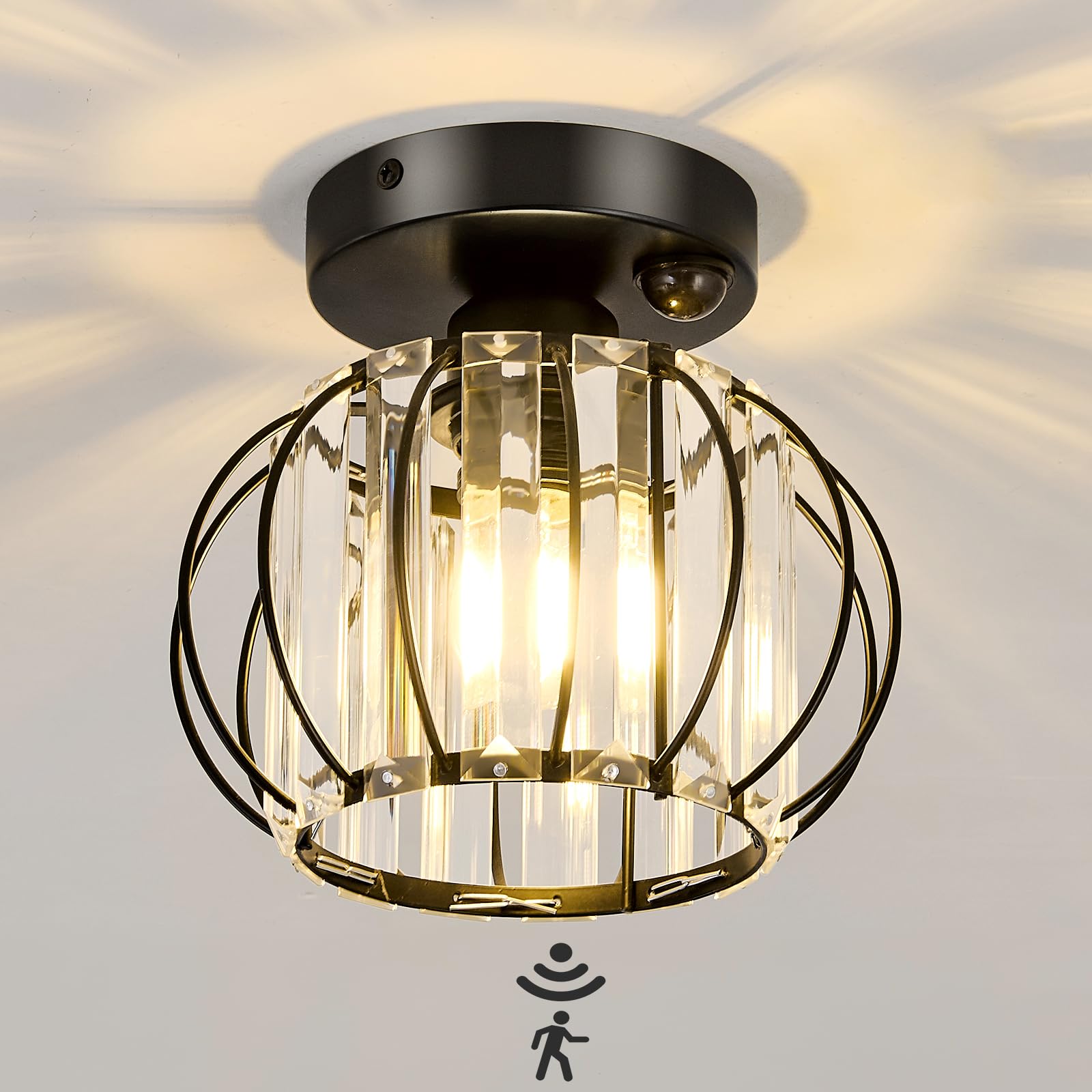 Photo 1 of YYJLX Indoor Motion Sensor Ceiling Light Fixture Modern Crystal Semi Flush Mount Ceiling Light Black Overhead Light Fixture for Porch Hallway Front Entryway Kitchen Hall Garage.