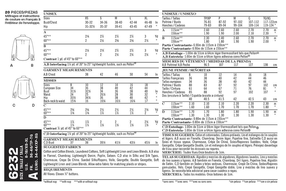 Simplicity Creative Patterns New Look 6232 Misses' and Men's Button Down Shirt, A (8-18/X-Small-X-Large)