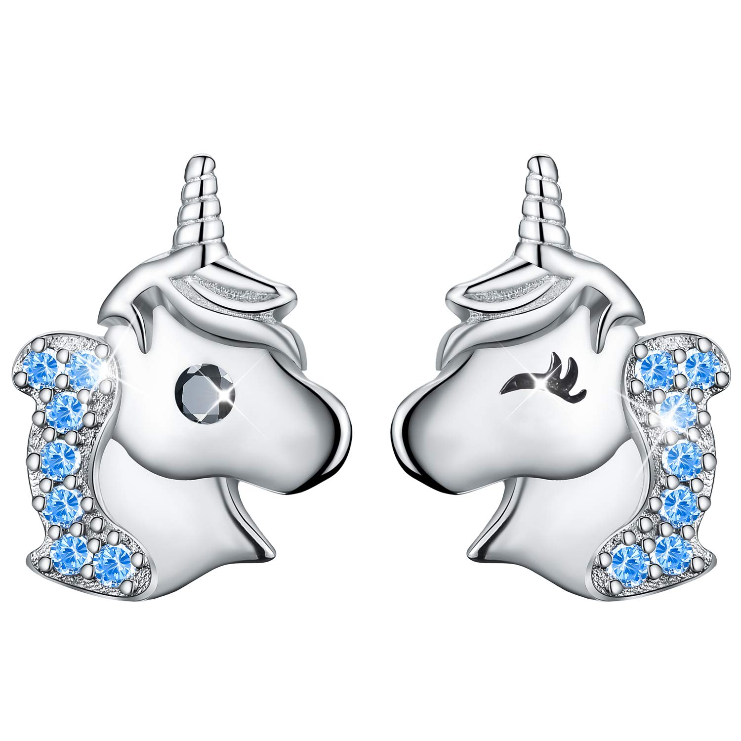 Esberry 18K Gold Plating 925 Sterling Silver Stud Earrings Unicorn with Cubic Zirconia Asymmetry Earrings Hypoallergenic Earrings for Girls and Women (Blue)