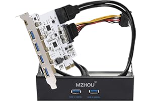 MZHOU 7-Port USB 3.0 PCIe Card - 5 Ports and 2 Rear Expansion Cards With Front Panel Slot and 2 Power Cables