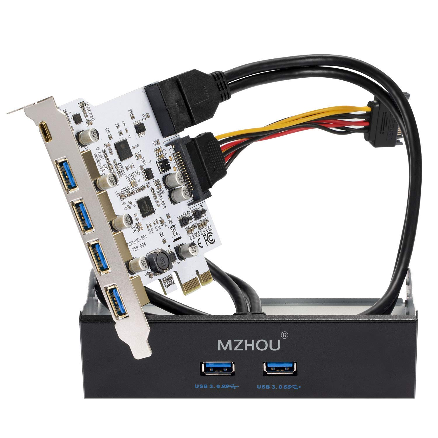 MZHOU 7 Ports PCIE to USB 3.0 Expansion Card (Type C1&A6) - with 19-Pin SATA Power Connector Super Speed up to 5Gbps, Include the Front Panel Bay and 1 Power Supply Cables for Window 7/8/10/XP/Vista