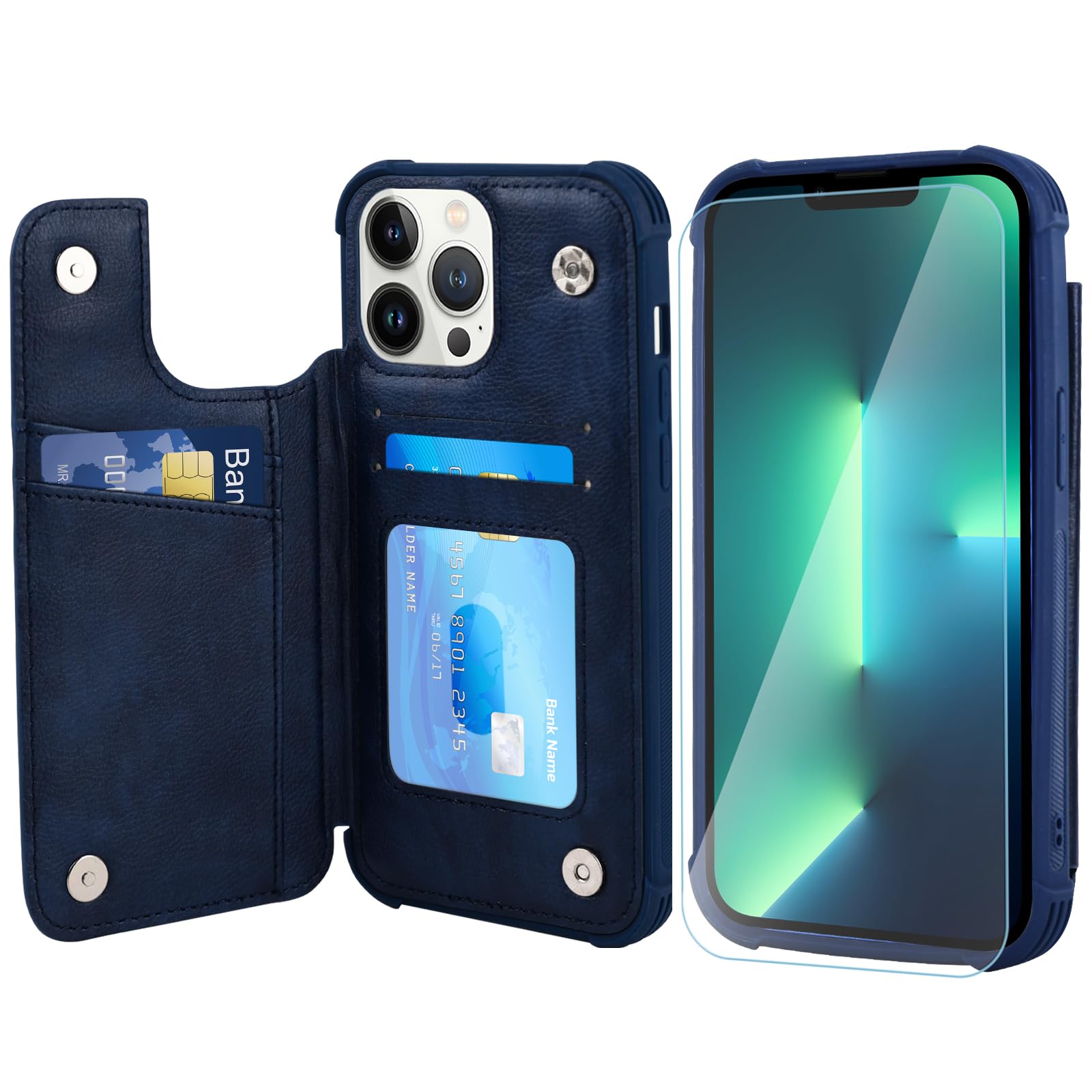 Photo 1 of VANAVAGY Wallet Case Compatible for iPhone 13 Pro for Women Men, PU Leather Flip Phone Cover Fits Magnetic Car Mount with RFID Blocking Credit Card Holder,Navy Blue