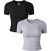 OQQ Womens 2 Piece Shirts Short Sleeve Crew Neck Ruched Stretch Fitted Tee Shirts Crop Tops