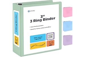 Enday 3 Inch Binder, Green - 3 Inch 3 Ring Binder, D-Ring Pastel with Clear View Cover for Letter Size 8.5 x 11'' Paper & 2 I