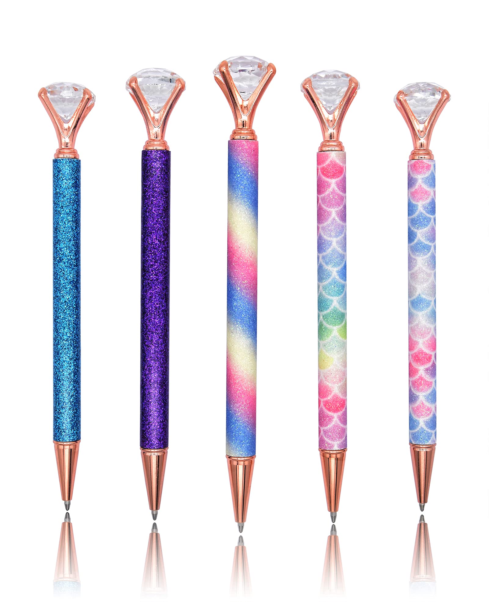 Gullor 5 Pack Diamond Metal Glitter Black Ink Ballpoint Pen with Medium Point for School Business Office, Style B