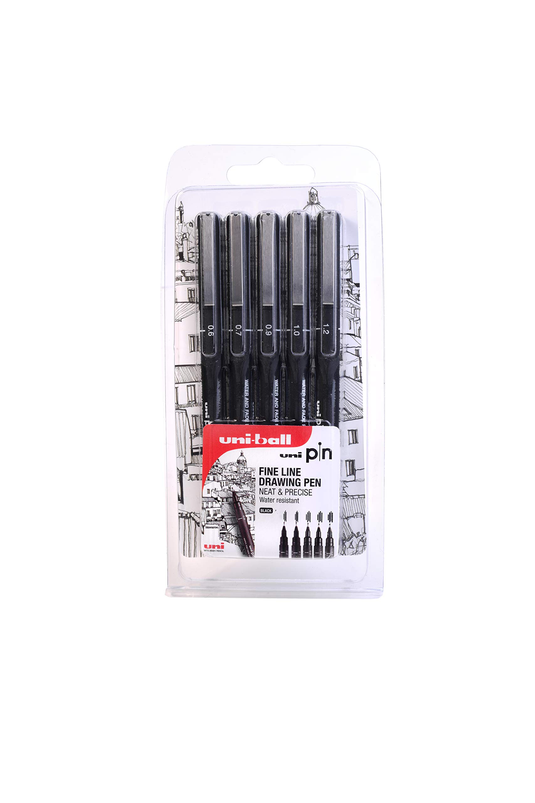 uni-PIN fine line pen set, 5pc clampack, Black Ink assorted nib sizes 0.6mm/ 0.7mm/ 0.9mm/ 1.0mm/1.2mm