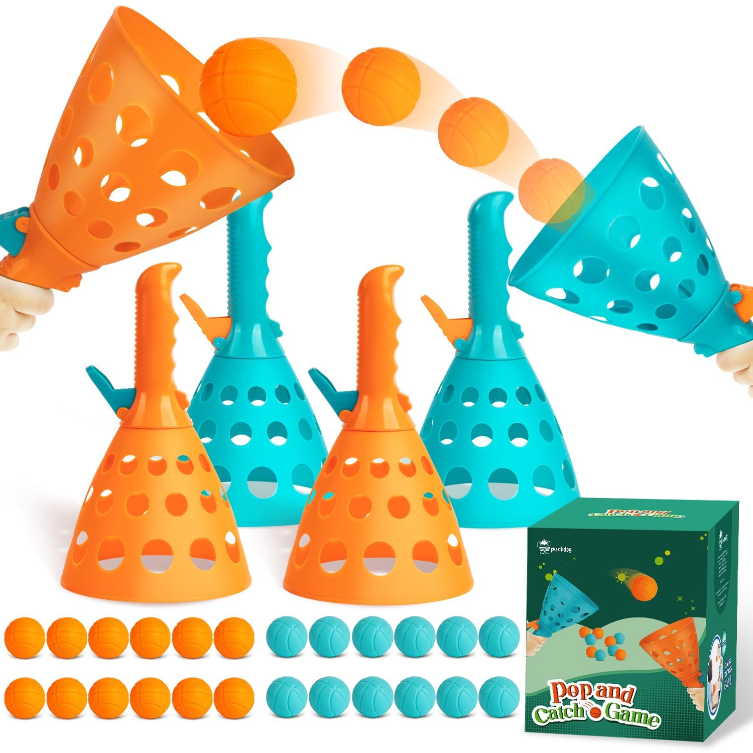 Photo 1 of punkdog Pop and Catch Ball Game with 24 Balls and 4 Catch Launcher Baskets - Outdoor Indoor Game Activities, Christmas Beach Sport Summer Beach Toys for Kids Ages 4 5 6 7 8 10 12+