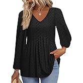 Tankaneo Womens Long Sleeve Shirts V Neck Loose Fit Tunic Tops Babydoll Peplum Top Flowy Dressy Casual Blouse Eyelet T-Shirt