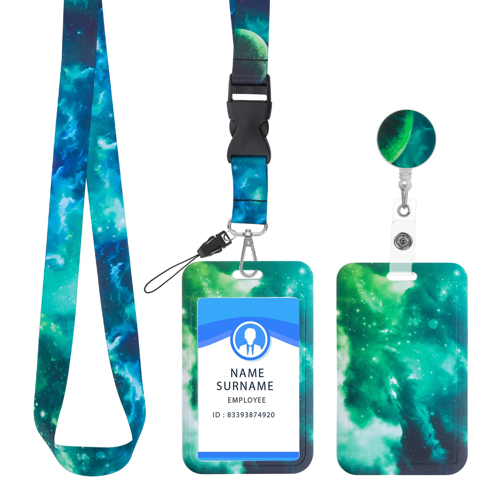 Molain ID Badge Holder with Lanyard and Retractable Badge Reel Clip, Starry Sky ID Card Holder Set Retractable Badge Key Reel Breakaway Crossbody Lanyards Around the Neck for Women(Starry-Green)
