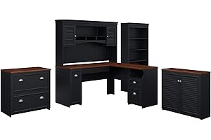 BUSH BUSINESS FURNITURE Bush Furniture Fairview L Shaped Desk with Hutch, File Cabinet, Bookcase and Storage, 60W, Antique Black