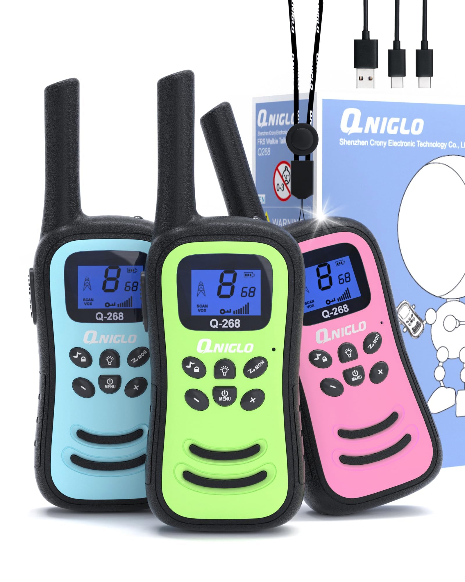Walkie Talkies for Kids Rechargeable 3 pack, QNIGLO Long Range Walky Talkie Adult with Built-In Li-Ion Battery 8 Channels 2 Way Radio with VOX Function & LED Flashlight Fit Outdoor Game Camping