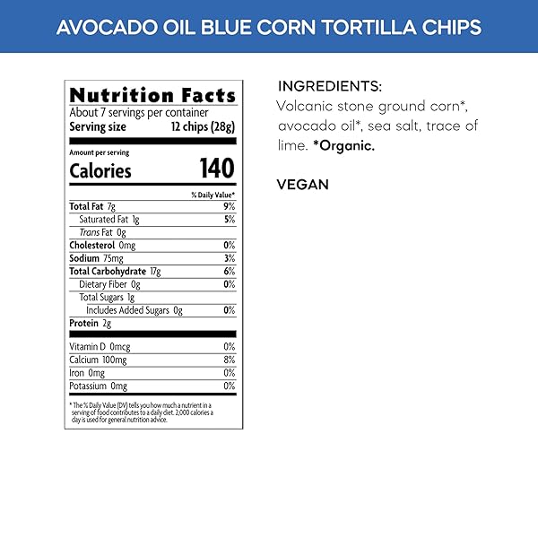 QUE PASA ORGANIC AVOCADO OIL BLUE CORN TORTILLA CHIPS, 7.5 OZ (PACK OF 1), GLUTEN FREE, NON-GMO, BY NATURE’S PATH