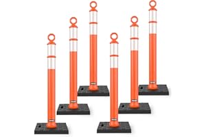 BATTIFE 6 Pack 42 Inch Orange Traffic Delineator Posts with Reflective Collars and Base, Safety Cones for Construction Zones and Driving Practice
