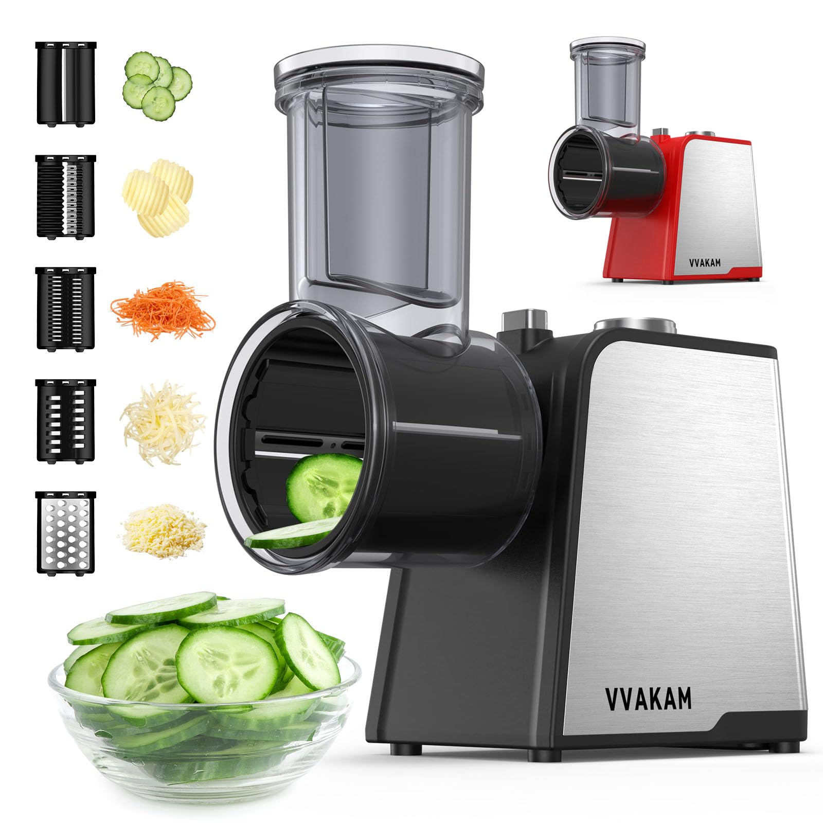 Photo 1 of VVAKAM Electric Cheese Grater,300W DC Motor Salad Maker,Electric Slicer Shredder with 5 Different Shapes of Blades,Electric Vegetable Cutter for Potato,Carrot,Black