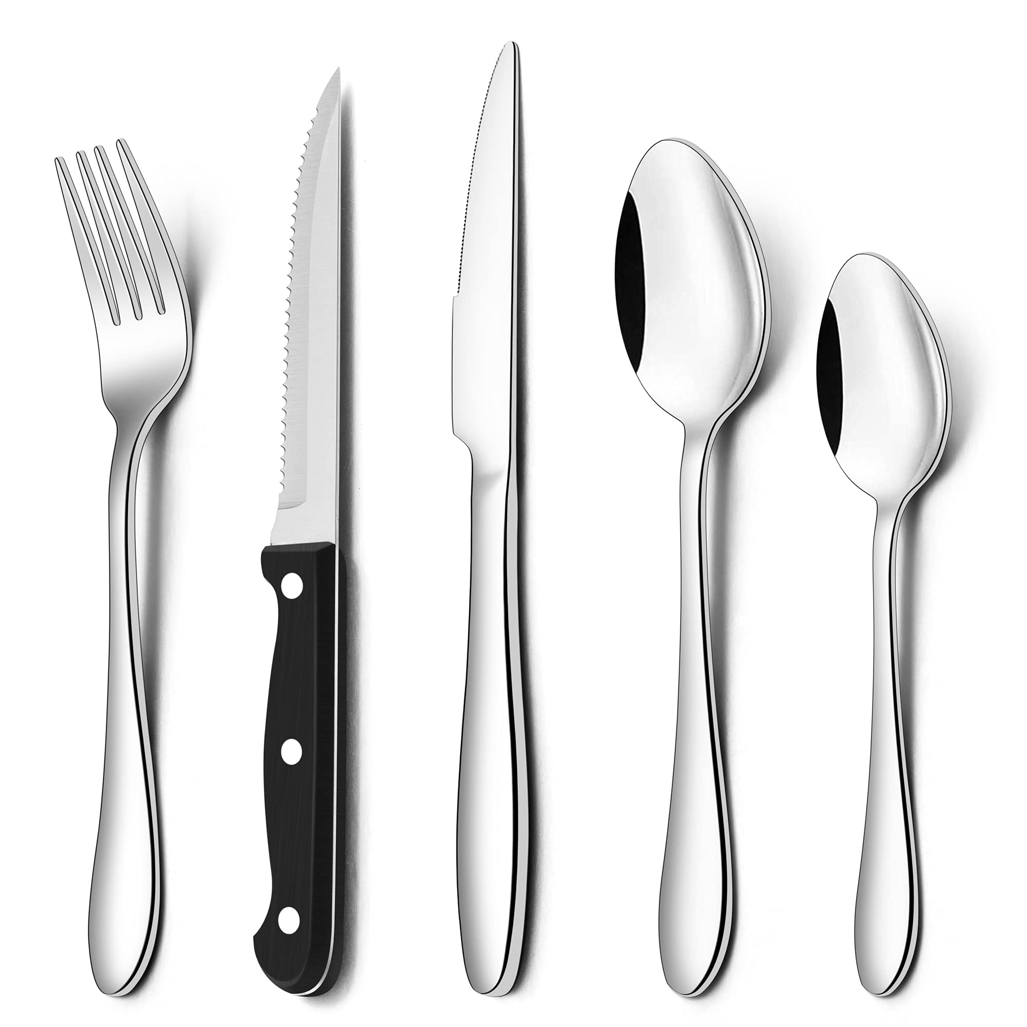 Herogo Cutlery Set, 30 Piece Stainless Steel Flatware Set with Steak Knives, Tableware Silverware with Spoon Knife and Fork Set, Service for 6 People, Mirror Polished, Dishwasher Safe