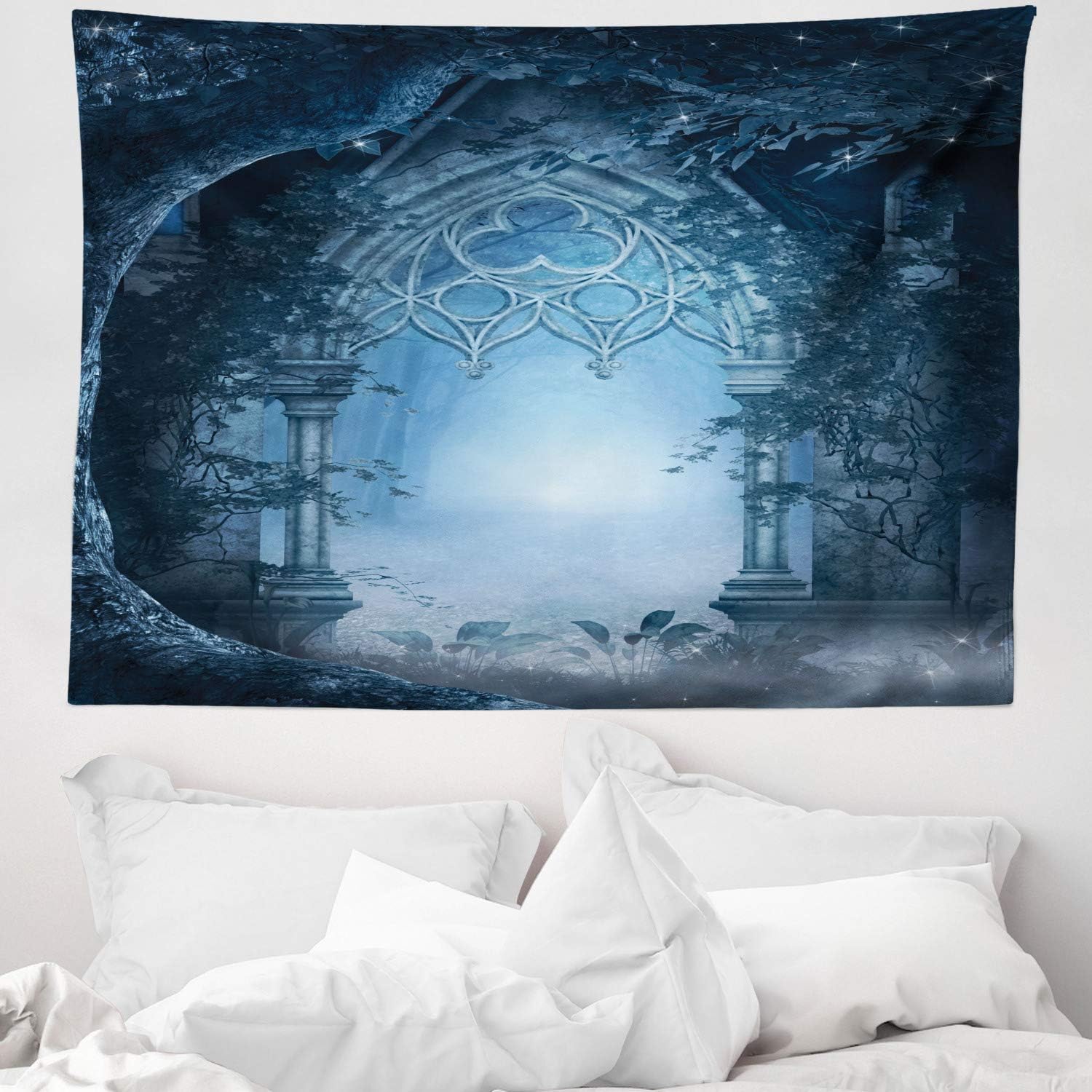 Abakuhaus Fantasy Tapestry Passage Doorway Through Enchanted Foggy Magical Palace Garden At Night View Fabric Wall Hanging Decor For Bedroom Living Room Dorm 58 W X 43 L Navy Blue And Gray
