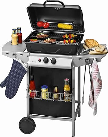 Edelstahl Gasgrill mit Deckel Gas Tischgrill Camping Grillwagen Gaskocher (Gasbrenner, 2 Heizzonen, Emaille Grillrost, Inklus