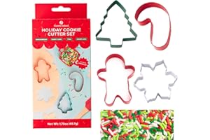 Sweets Indeed Christmas Cookie Cutters with Sprinkle Mix – 4-Pack Tree, Candy Cane, Snowflake & Gingerbread Man + 1.5 oz Red, White & Green Holiday Sprinkles