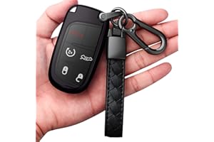 AUTOPHONE Compatible with Jeep Key Fob Cover with Leather Keychain Soft TPU Protection Key Case for Grand Cherokee Renegade Chrysler 200 300 Dodge RAM Durango Challenger Journey Dart Fiat Smart Key,Black