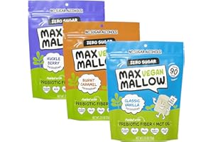 KNOW BRAINER Max Mallow Vegan Sugar Free Marshmallows - Keto Friendly, Perfect for S'mores, Hot Chocolate, and Baking Zero Sugar, Marshmellows Vegan Marshmallows Smores Mct Oil Zero Sugar Huckle Berry, Burnt Caramel, & Classic Vanilla 3 Pack