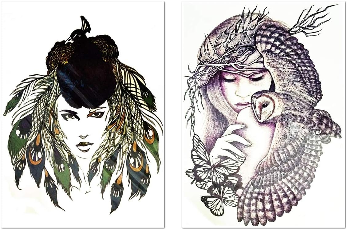 PARITA Big Tattoos 2 Sheets Beautiful Girl Native American Indian Chief Peacock Head Waterproof Temporary Tattoo Stickers Classic 3D Body Art Fake Tattoos Removable for Men Women (04)