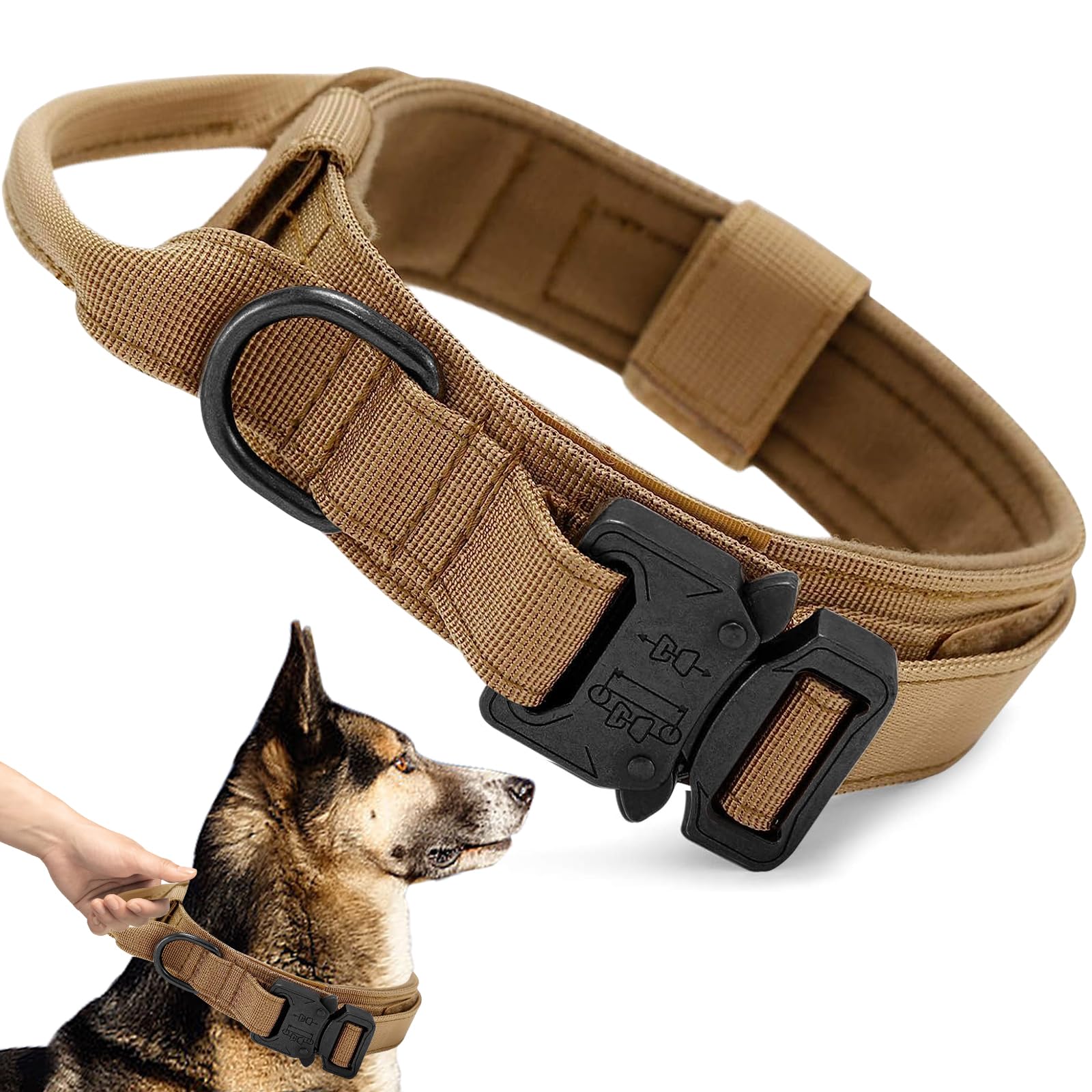 Ceboic Tactical Dog Collar, Military Nylon Dog Collar Soft Padded Adjustable Pet Collar with Control Handle and Heavy Duty Metal Buckle, Dog Training Collar for Medium Large Dogs (Khaki, M)
