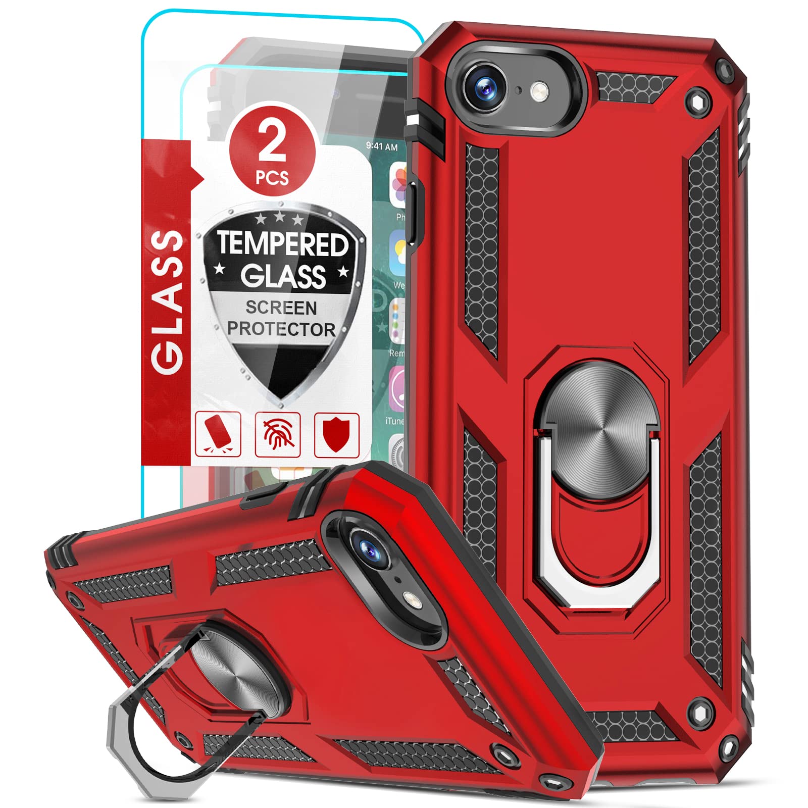 Photo 1 of LeYi for iPhone SE 2022/2020 Case (3rd Gen), Military-Grade with Magnetic Kickstand, 2-Pack Tempered Glass Screen Protector, Cute Present for Mom, Red