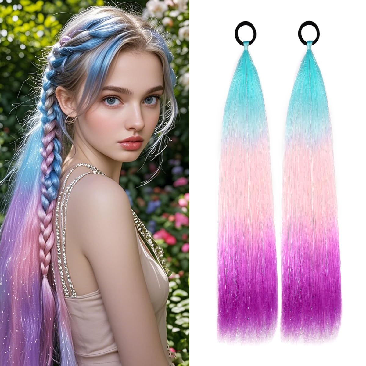 Rainbow Ponytail Extensions With Hair Tie 2 Packs 40g/Pack Coloured Hair Extensions for Braiding 18 inch Colorful Ombre Mermaid Pony Tail Synthetic Hair Extensions for Girl Women SS35 โ image 1