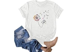 GENERIC Tshirts Shirts for Women,2024 Spring Summer Trendy Classic Dandelion Print Graphic Tees Casual Crewneck Short Sleeve Tops